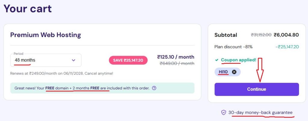 Hostinger coupon code applied