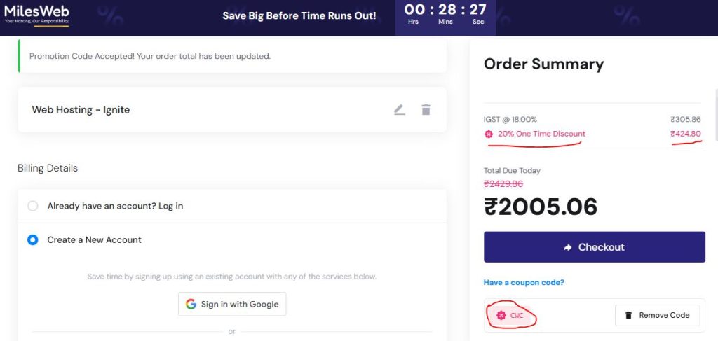 milesweb coupon code applied